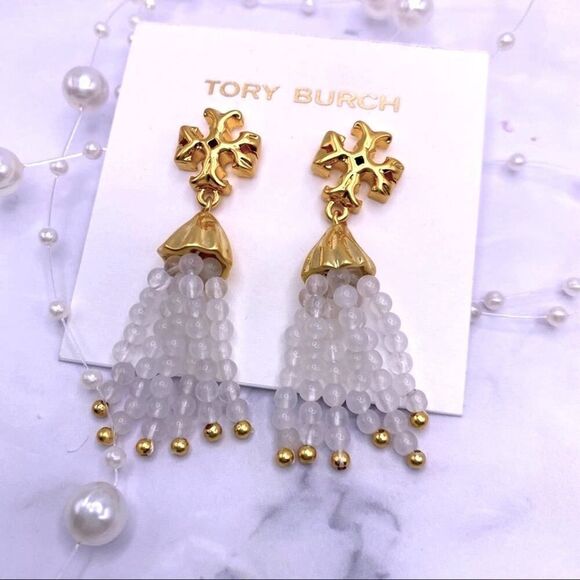 NWOT  Tory Burch Gold Roxanne, White Beaded Dangle Stud Earings - Picture 1 of 9